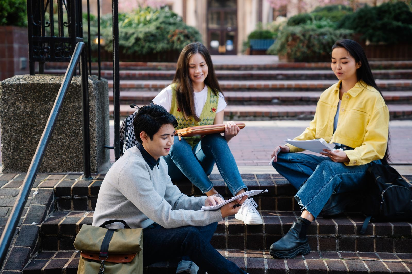 College students studying together on campus steps, the kind of students who join Semester at Sea